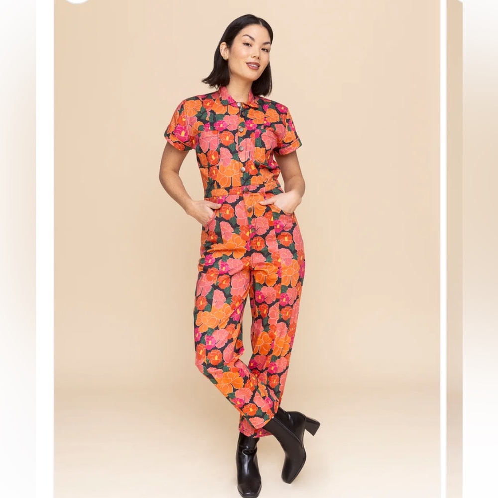 Vibrant Floral Jumpsuit in Black, Pink and Orange